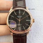 Copy Rolex Geneve Cellini Rose Gold Black Dial Brown Leather Watch 39MM